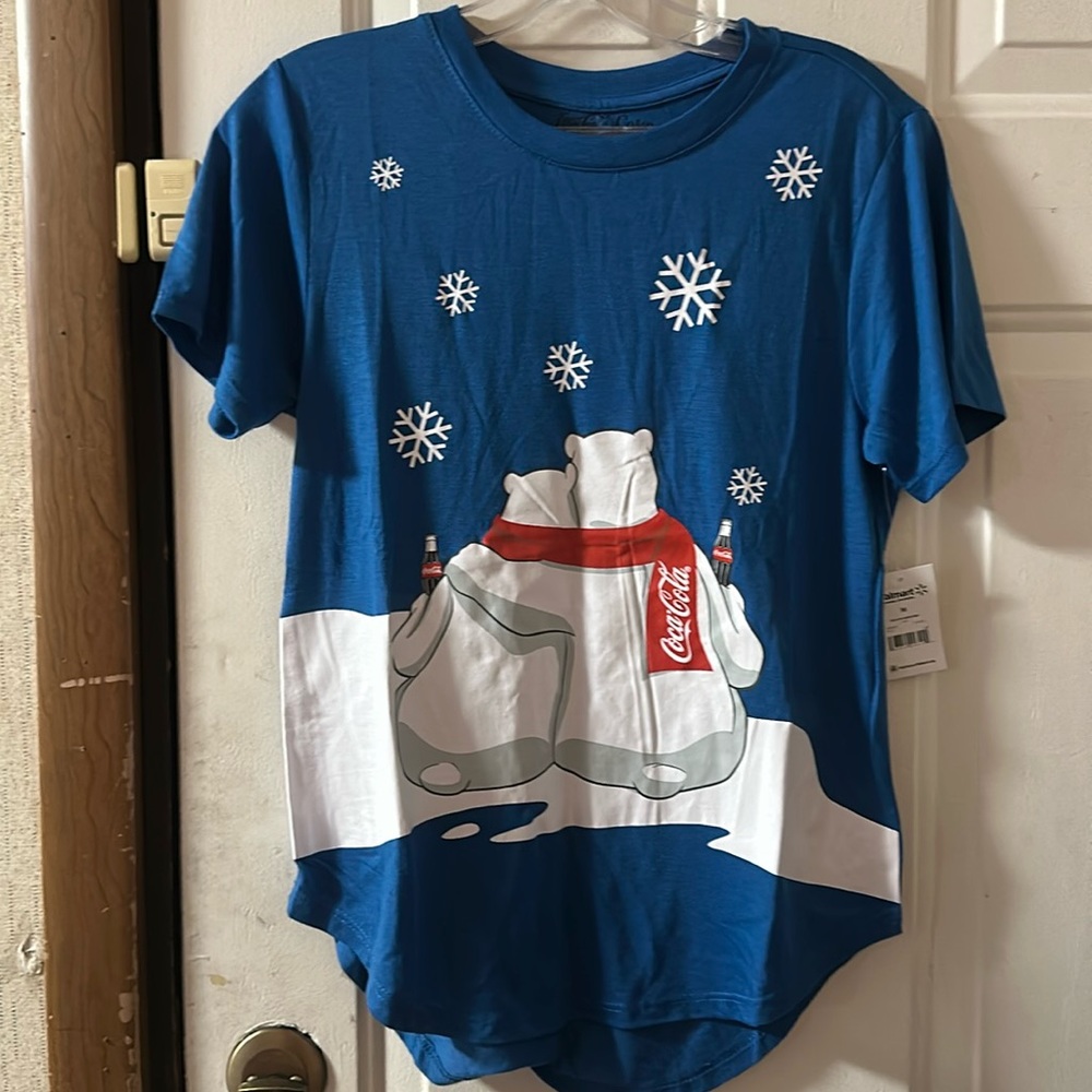 COCA COLA BEARS CHRISTMAS TEE: BLUE: NEW WITH TAGS: JUNIORS SIZE M